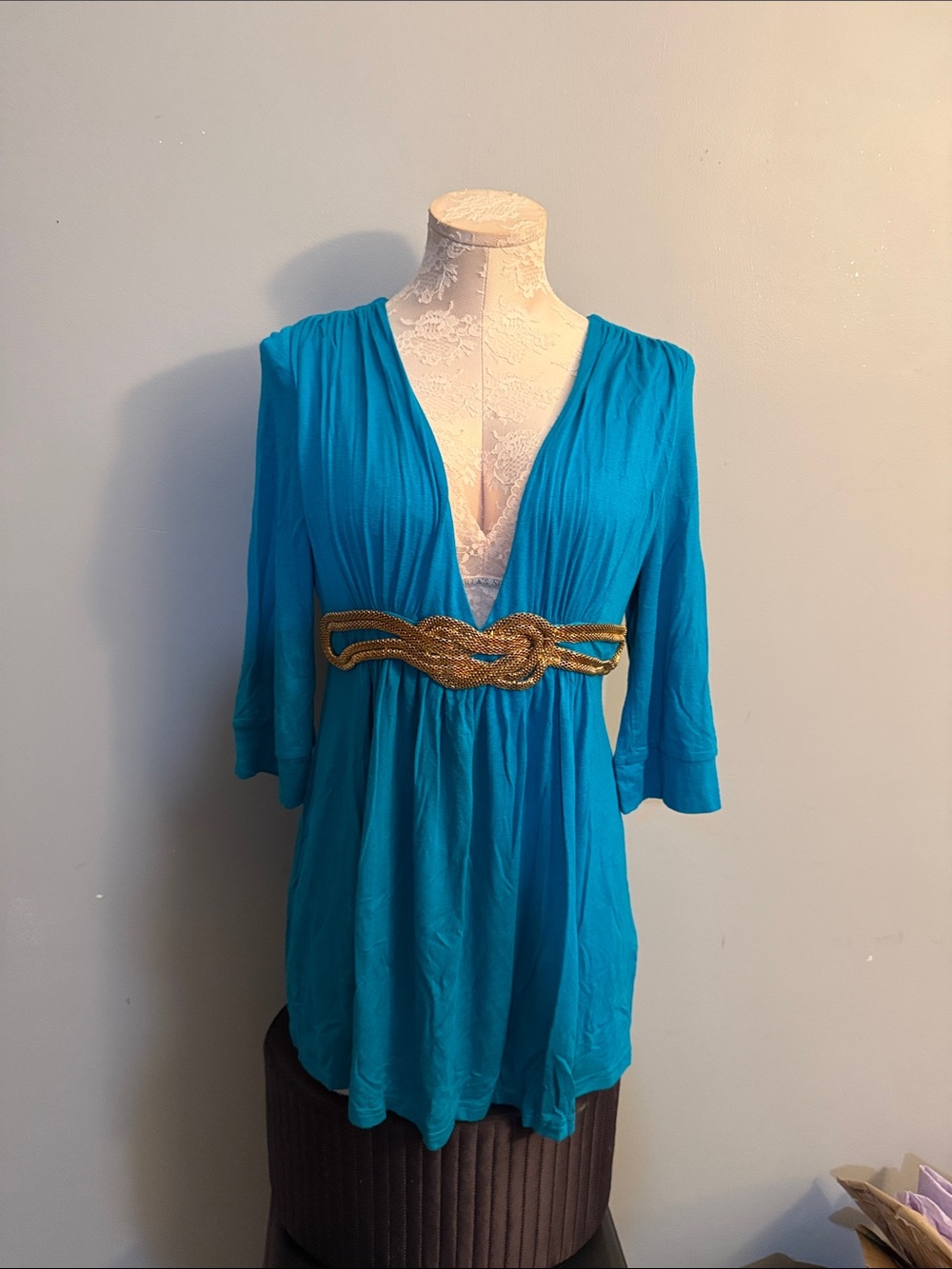 Boston Proper Turquoise Deep V Tunic with Gold Beaded Waistband